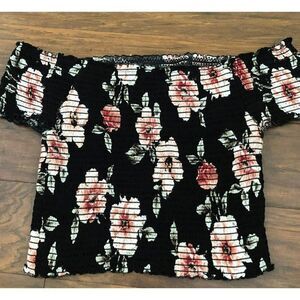 Kendall & Kylie Smocked Black Floral Top Off The Shoulder Crop Size M